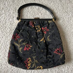 Vintage Black Floral Tapestry Top-Handle Bag